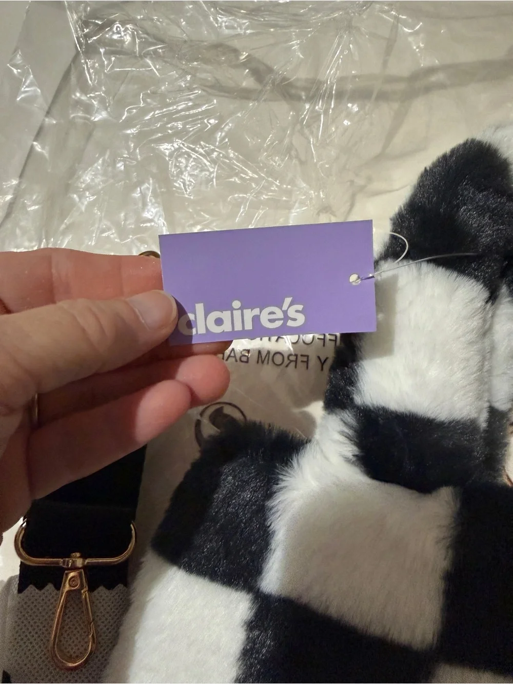 Claire's Black & White Checkerboard Faux Fur Tote